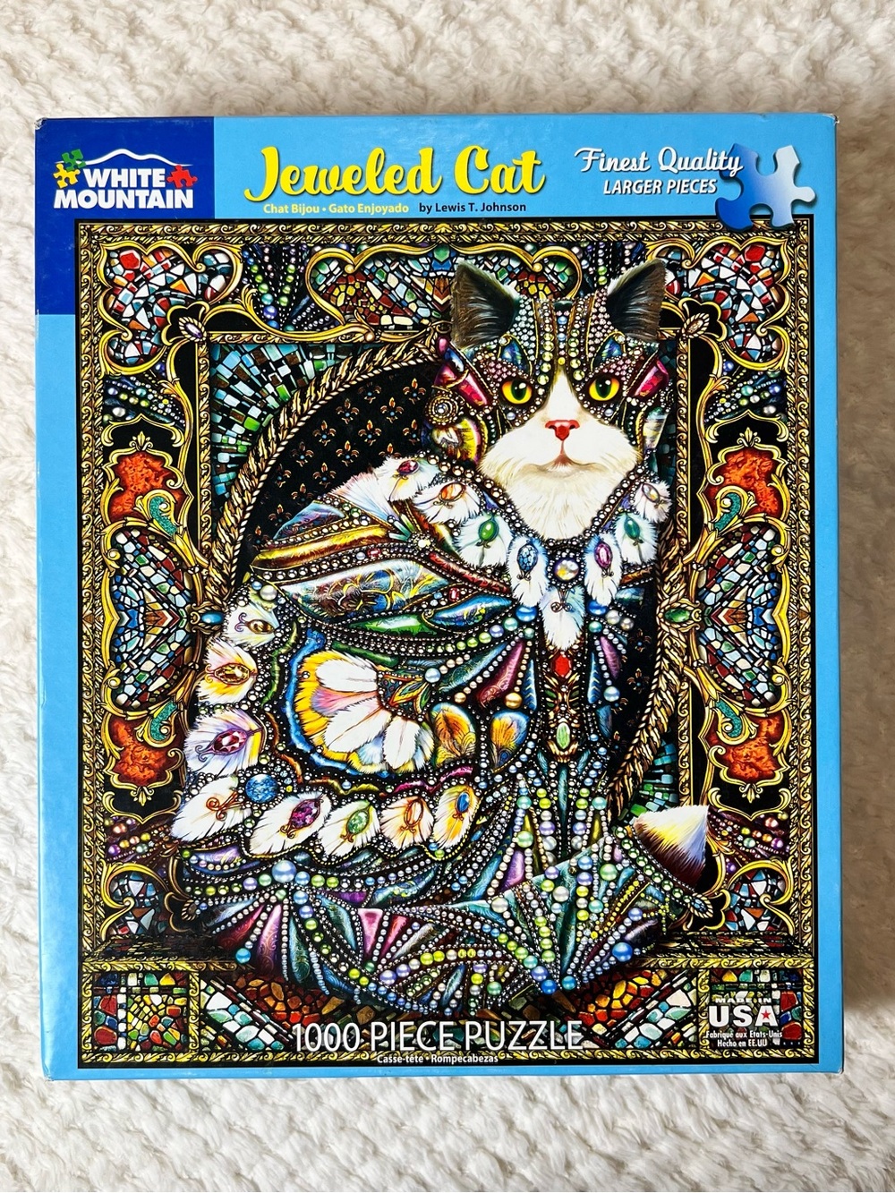 White Mountain Jeweled Cat 1000 Pc Puzzle - Multicolor 24x30” Cat Lover Fam Fun